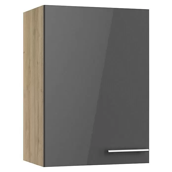 Optifit Hängeschrank Jonte984 - L x B x H: 34,6 x 50 x 70,4 cm, Glanz Lack Anthrazit - Grauer Hochglanz-Hängeschrank mit heller Holzoptik-Seitenwand und silbernem Griff.
