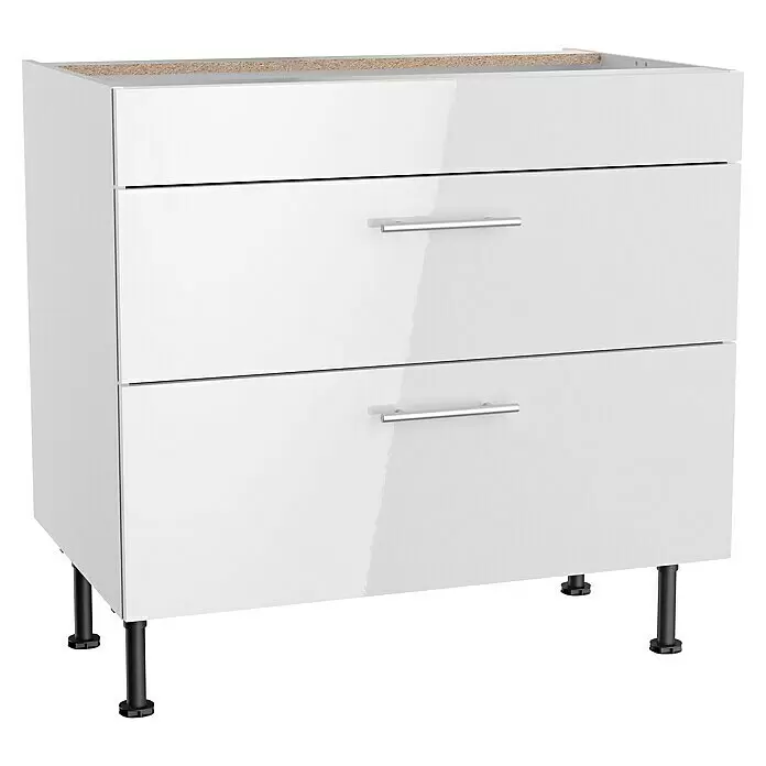 Optifit Küchen-Unterschrank Optikomfort Rurik986 - L x B x H: 58,1 x 90 x 87 cm, Glanz Lack Weiß, Platz für einen Einbauherd - Weißer Unterschrank mit zwei glänzenden Schubladen, silbernen Griffen und schwarzen verstellbaren Beinen. Unbearbeitete Oberseite für Arbeitsplattenmontage.