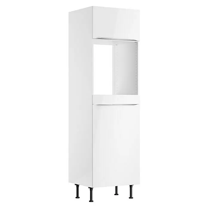 Optifit Demi-Geräteumbauschrank Optikomfort Arvid 986 - L x B x H: 58,1 x 60 x 211,8 cm, Glanz Lack Weiß, Für Backofen und integrierbaren Kühlschrank - Weißer Hochglanz-Hochschrank mit Gerätefach und Schublade/Tür, auf verstellbaren schwarzen Füßen.