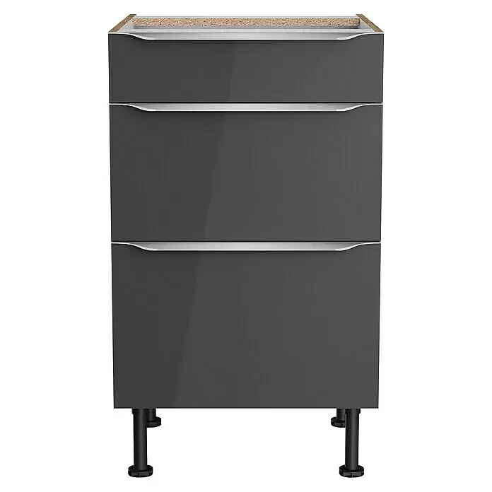 Optifit Unterschrank Optikomfort Linus984 - L x B x H: 58,1 x 50 x 87 cm, Glanz Lack Anthrazit, Mit 3 Schubkästen - Dunkelgrauer glänzender Küchenunterschrank mit zwei Schubladen, Metallgriffen und verstellbaren Füßen.
