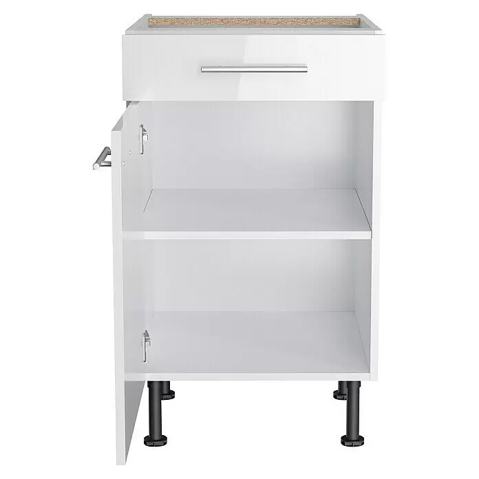 Optifit Unterschrank Optikomfort Rurik986 - L x B x H: 58,1 x 50 x 87 cm, Glanz Lack Weiß - Weißer Küchenunterschrank mit einer Schublade, offener Schranktür mit zwei Einlegeböden und schwarzen verstellbaren Beinen. Die Oberkante zeigt Rohspanplatte.