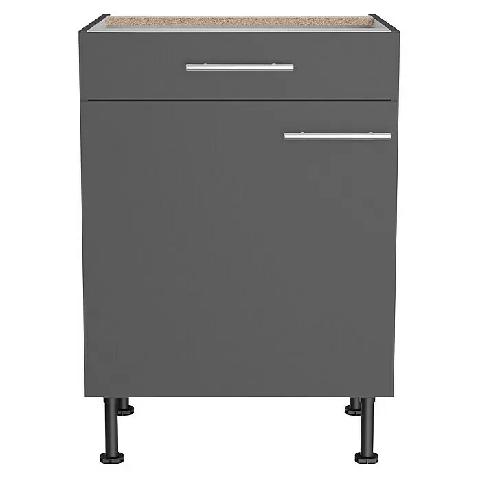 Optifit Küchen-Unterschrank Ingvar420 - L x B x H: 58,1 x 60 x 87 cm, Anthrazit matt - Dunkelgrauer Unterschrank mit einer Schublade, einer Tür, silbernen Griffen und verstellbaren Füßen. Unfertige Oberseite.