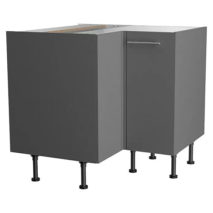 Optifit Eck-Unterschrank Optikomfort Mats825 - L x B x H: 58,1 x 90 x 87 cm, Basaltgrau - Dunkelgrauer L-förmiger Küchen-Eckunterschrank mit sichtbarer Spanplatte, silbernem Griff und schwarzen verstellbaren Beinen.