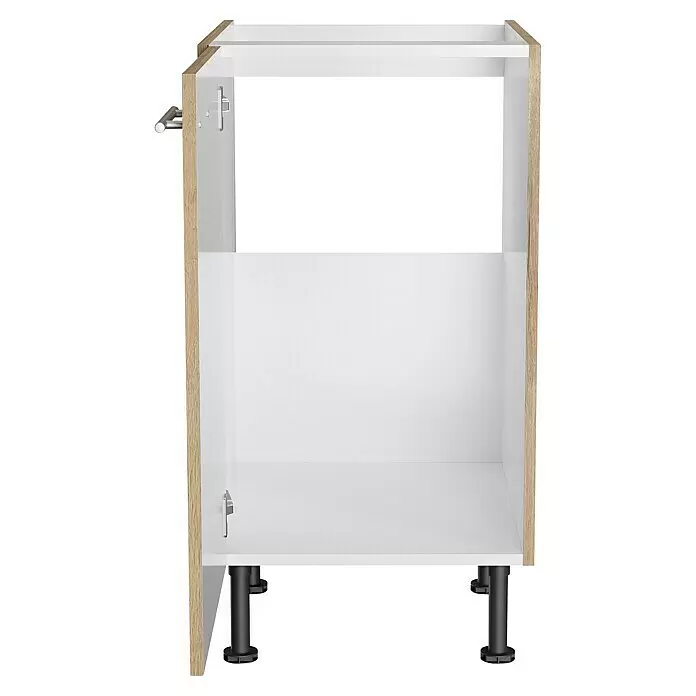 Optifit Spülenunterschrank Erik290 - L x B x H: 58,1 x 45 x 87 cm, Nachbildung Wildeiche - Weißer Küchenunterschrank-Rahmen mit hellen Holzseitenwänden und schwarzen verstellbaren Füßen.