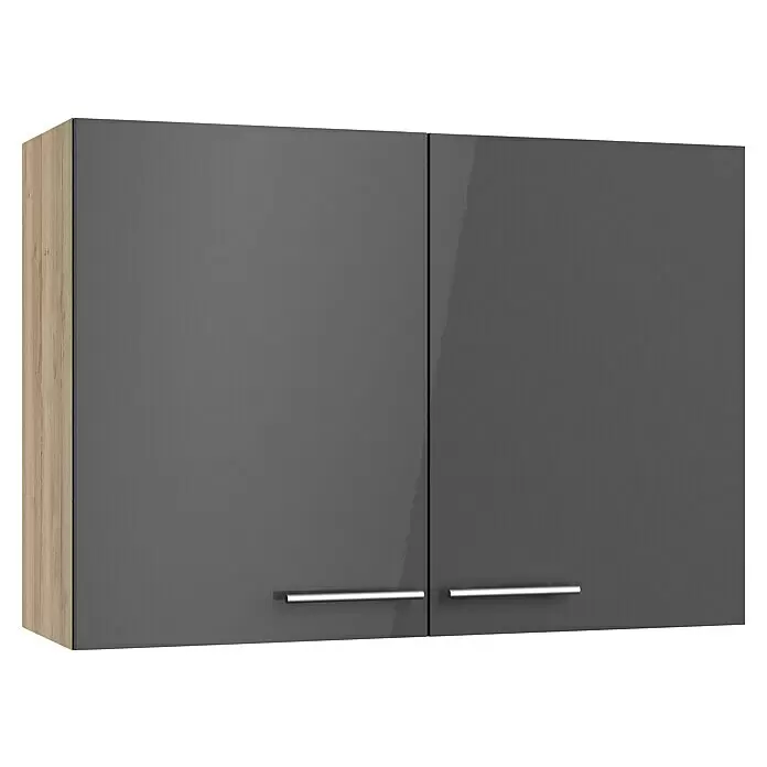 Optifit Hängeschrank Jonte984 - L x B x H: 34,6 x 100 x 70,4 cm, Glanz Lack Anthrazit - Grauer Hochglanz-Hängeschrank mit hellen Holzoptik-Seiten und silbernen Griffen.