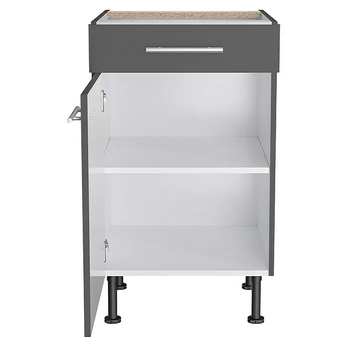 Optifit Küchen-Unterschrank Ingvar420 - L x B x H: 58,1 x 50 x 87 cm, Anthrazit matt - Grauer und weißer Unterschrank mit offener Tür, Einlegeboden, Schublade mit Chromgriff und verstellbaren schwarzen Beinen.