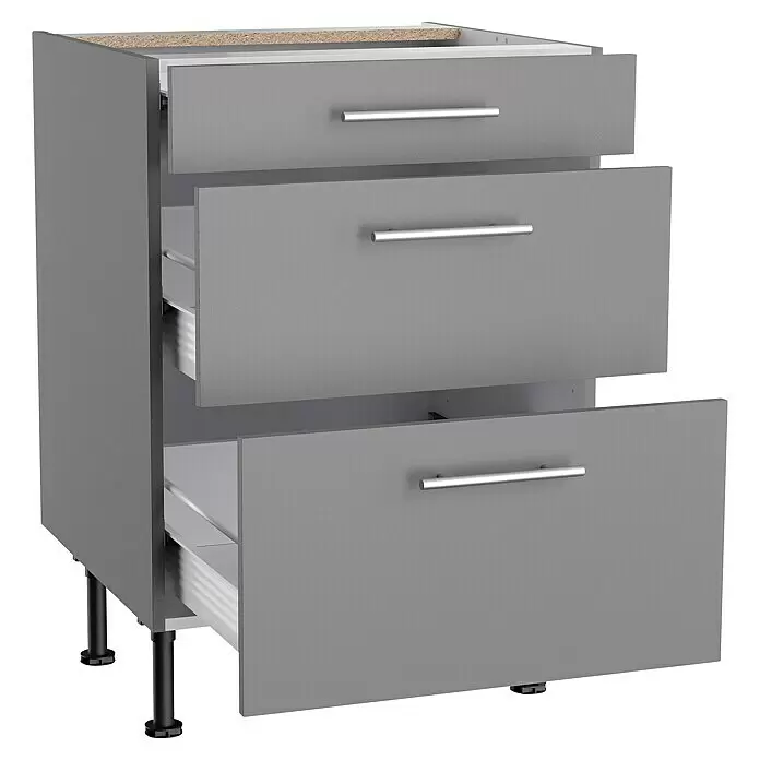 Optifit Küchen-Unterschrank Optikomfort Mats825 - L x B x H: 58,1 x 60 x 87 cm, Basaltgrau, Mit Schubkästen - Grauer Schrank mit drei teilweise geöffneten Schubladen, silbernen Griffen und verstellbaren schwarzen Füßen.