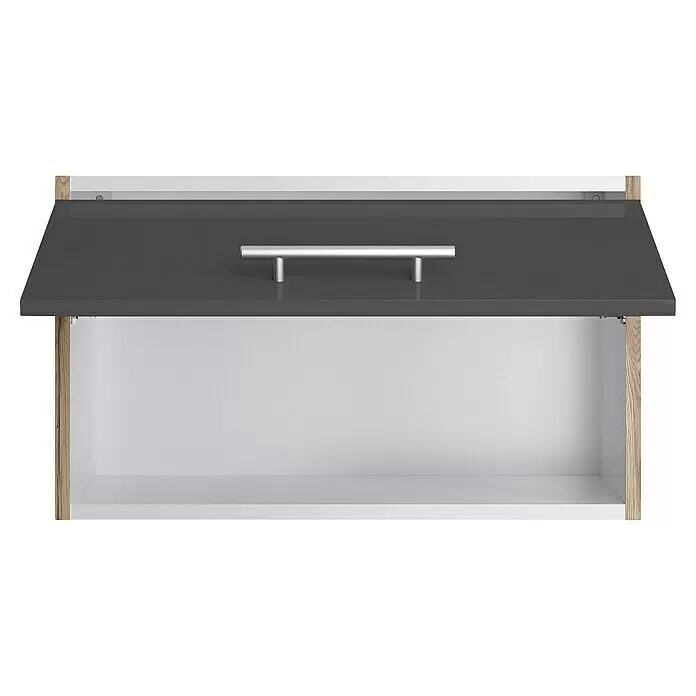 Optifit Hängeschrank Jonte984 - L x B x H: 34,6 x 60 x 35,2 cm, Glanz Lack Anthrazit - Wandhängeschrank mit offener dunkelgrauer Hochglanzklappe, silbernem Griff, weißem Innenraum und hellen Holzseiten.