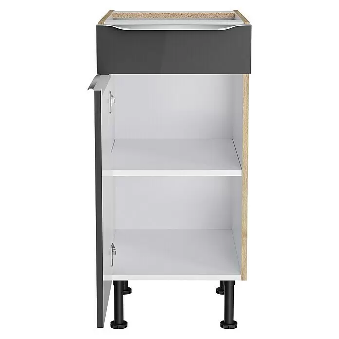 Optifit Unterschrank Optikomfort Linus984 - L x B x H: 58,1 x 40 x 87 cm, Glanz Lack Anthrazit - Offener Küchenunterschrank mit dunkelgrauer Schublade, weißem Innenraum, verstellbarem Regal und schwarzen Beinen.