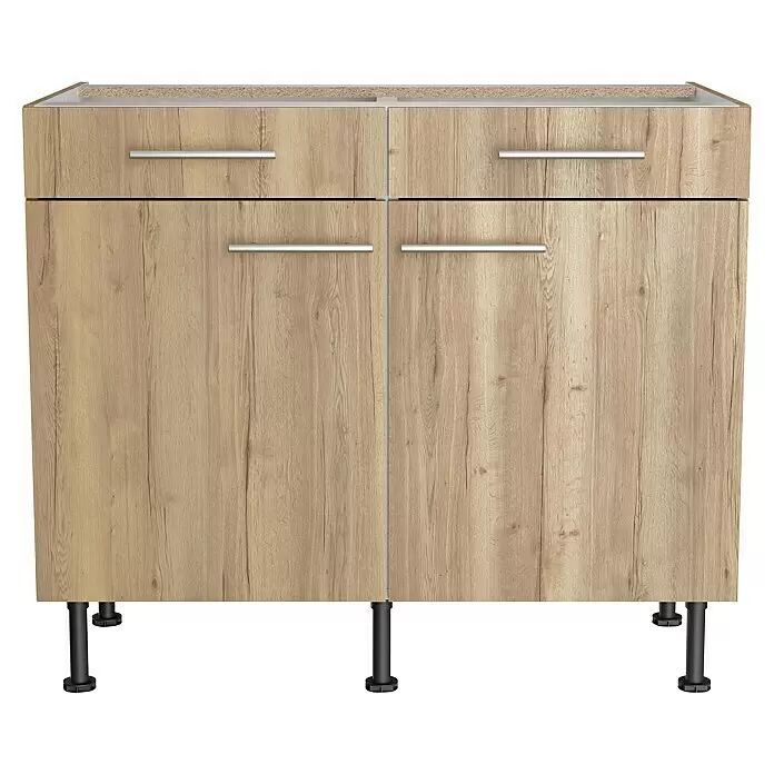 Optifit Unterschrank Erik290 - L x B x H: 58,1 x 100 x 87 cm, Nachbildung Wildeiche - Unterschrank aus hellem Holz mit zwei Schubladen, zwei Türen, Metallgriffen und schwarzen verstellbaren Beinen.