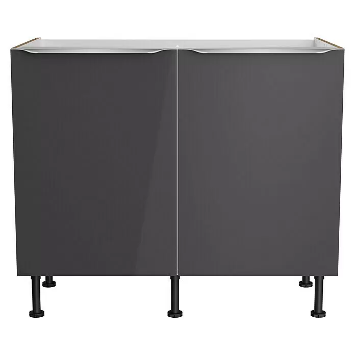 Optifit Spülenunterschrank Optikomfort Linus984 - B x T x H: 100 x 58,1 x 87 cm, Glanz Lack Anthrazit - Dunkelgrauer glänzender Küchenunterschrank mit zwei Türen und schwarzen Beinen.