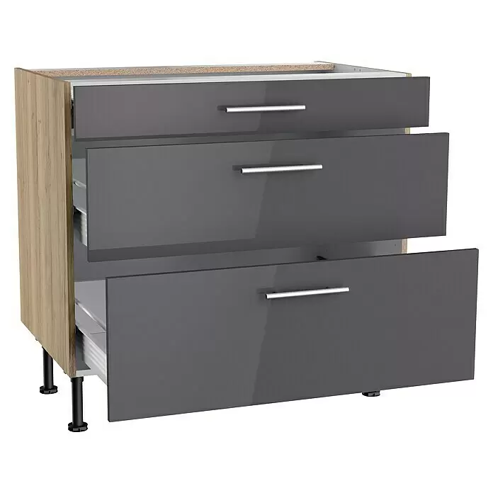 Optifit Unterschrank Jonte984L x B x H: 58,1 x 90 x 87 cm, Glanz Lack Anthrazit, Mit 3 Schubkästen
