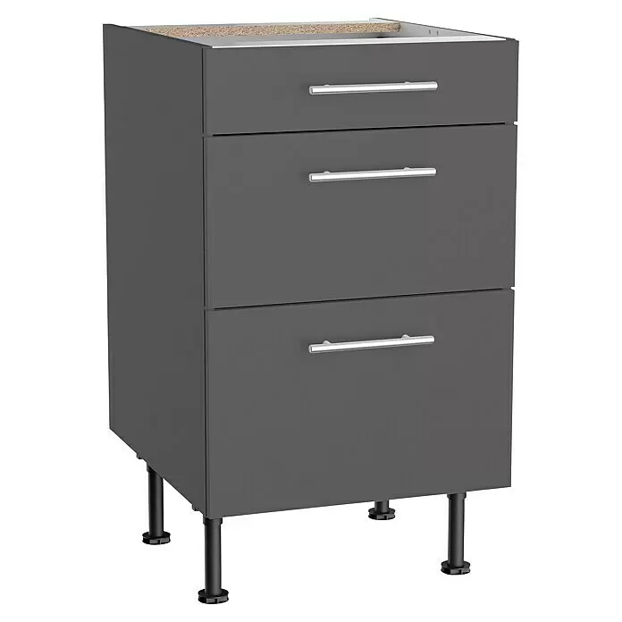Optifit Küchen-Unterschrank Ingvar420 - L x B x H: 58,1 x 50 x 87 cm, Anthrazit matt, Mit Schubkästen - Dunkelgrauer Schubladenschrank mit drei Schubladen, silbernen Griffen und schwarzen verstellbaren Füßen.