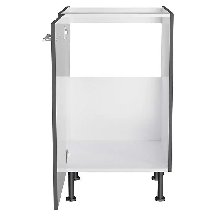Optifit Spülenunterschrank Ingvar420 - L x B x H: 58,1 x 50 x 87 cm, Anthrazit matt - Offener Unterschrank für die Küche mit weißer Innenseite, grauer Außenseite und schwarzen verstellbaren Beinen. Mit einer Hängeschiene links.
