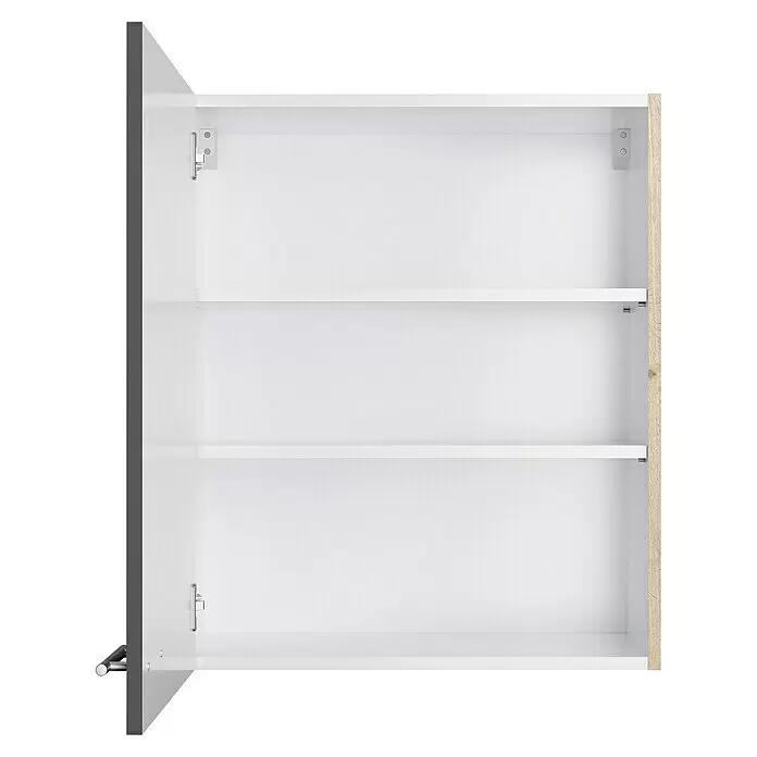 Optifit Hängeschrank Jonte984 - L x B x H: 34,6 x 60 x 70,4 cm, Glanz Lack Anthrazit - Offener weißer Schrank mit zwei Einlegeböden, grauer linker Kante und heller Holzoptik-rechter Seite.