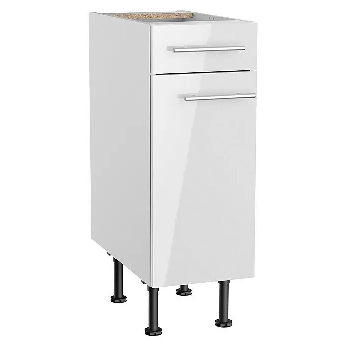 Optifit Küchen-Unterschrank Optikomfort Rurik986 - L x B x H: 58,1 x 30 x 87 cm, Glanz Lack Weiß - Hoher weißer Hochglanz-Küchenunterschrank mit zwei Schubladen, silbernen Griffen und vier schwarzen verstellbaren Beinen.