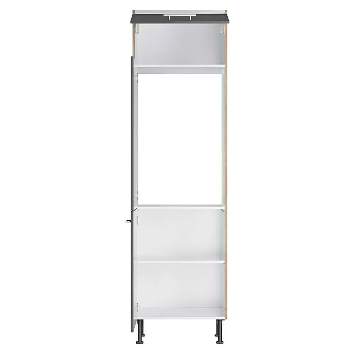 Optifit Hochschrank Jonte984 - L x B x H: 58,1 x 60 x 211,8 cm, Glanz Lack Anthrazit, Für integrierbaren Kühlschrank - Offener Küchenunterschrank mit dunkelgrauer Oberplatte und Tür, weißen Innenböden und hellen Holzseiten, auf schwarzen verstellbaren Füßen.
