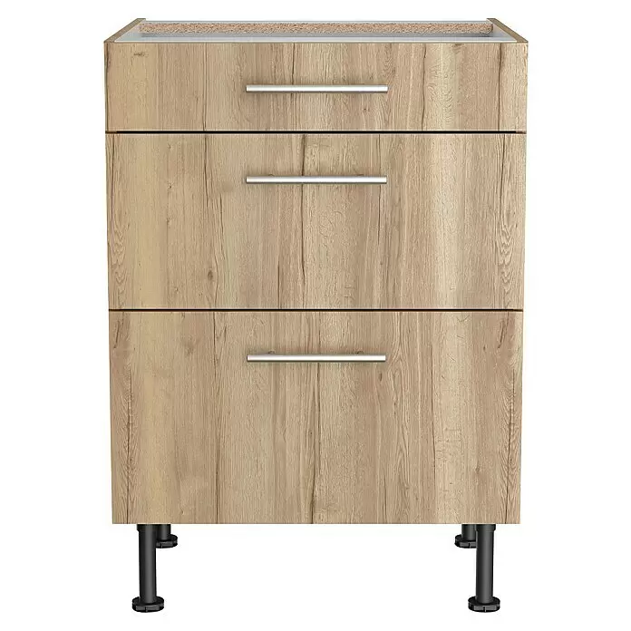 Optifit Küchen-Unterschrank Erik290 - L x B x H: 58,1 x 60 x 87 cm, Mit 3 Schubkästen - Helle Holzoptik-Schubladeneinheit mit drei Schubladen, silbernen Griffen und schwarzen Beinen.