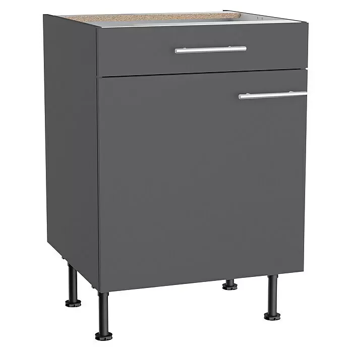 Optifit Küchen-Unterschrank Ingvar420 - L x B x H: 58,1 x 60 x 87 cm, Anthrazit matt - Dunkelgrauer Küchenunterschrank mit einer Schublade, einer Tür, silbernen Griffen und verstellbaren schwarzen Füßen.