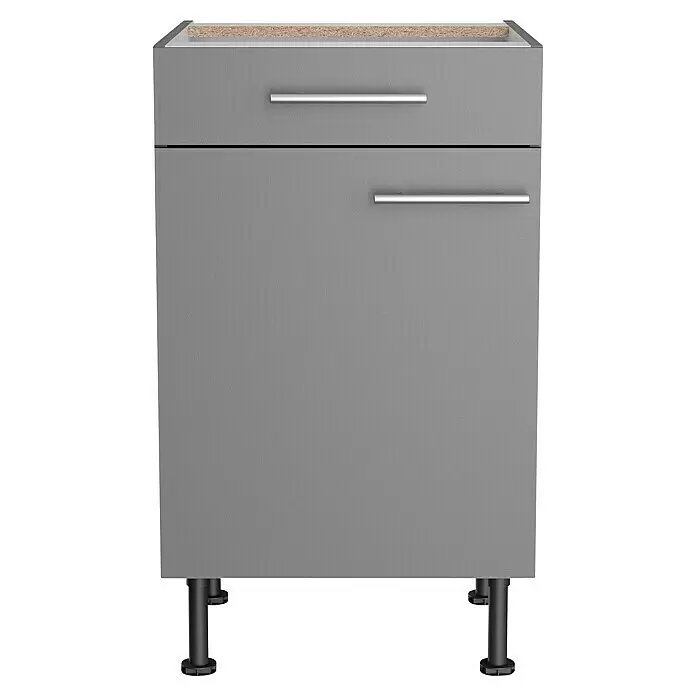 Optifit Unterschrank Optikomfort Mats825 - L x B x H: 58,1 x 50 x 87 cm, Basaltgrau - Grauer Unterschrank mit einer Schublade und einer Tür, silbernen Griffen, schwarzen Füßen und unbehandelter Holzoberfläche.