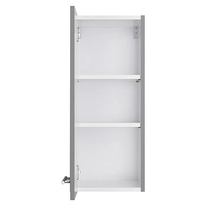 Optifit Oberschrank Optikomfort Mats825 - L x B x H: 34,6 x 30 x 70,4 cm, Basaltgrau - Offener weißer Wandschrank mit zwei verstellbaren Regalböden, grauen Seitenwänden und einem silbernen Griff an der geöffneten Tür.