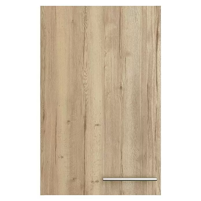 Optifit Hängeschrank Erik290 - L x B x H: 34,6 x 45 x 70,4 cm, Nachbildung Wildeiche - Schranktür aus hellem Holz mit Maserung und horizontalem silbernem Griff.