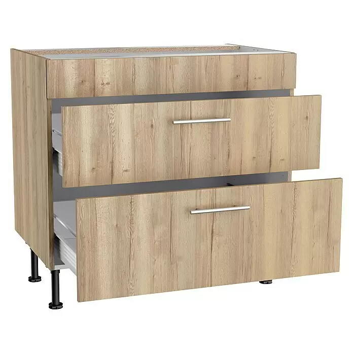 Optifit Unterschrank Erik290 - L x B x H: 58,1 x 90 x 87 cm, Nachbildung Wildeiche, Für Kochfeld - Hölzerner Unterschrank mit zwei offenen Schubladen, silbernen Griffen und schwarzen Beinen.