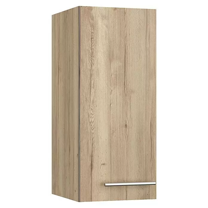 Optifit Hängeschrank Erik290 - L x B x H: 34,6 x 30 x 70,4 cm, Nachbildung Wildeiche - Heller Holzschrank mit Maserung und silbernem Stangengriff. Eine hohe, schmale Aufbewahrungseinheit.