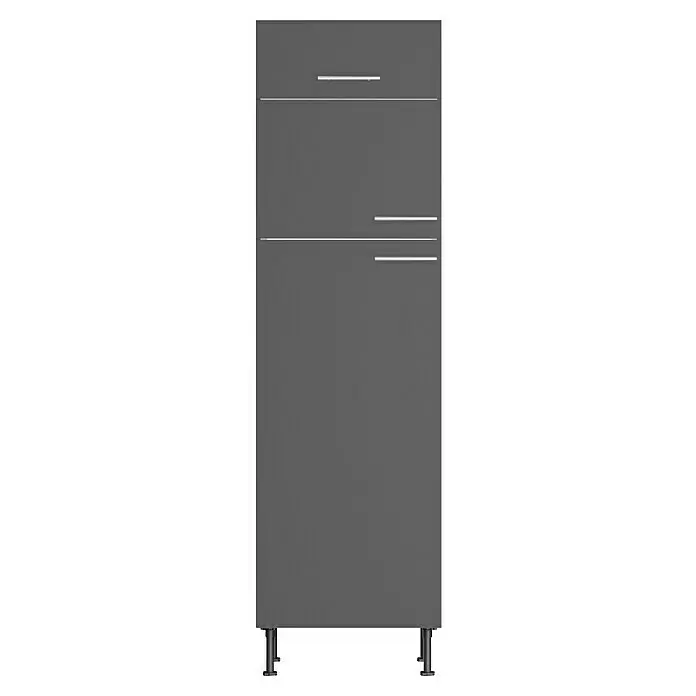 Optifit Hochschrank Ingvar420 - L x B x H: 58,1 x 60 x 211,8 cm, Anthrazit matt, Für integrierbare Kühl-Gefrierkombination - Grauer Hochschrank mit einer oberen Schublade und einer unteren Tür, mit silbernen horizontalen Griffen und dunklen verstellbaren Füßen.