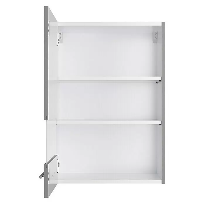 Optifit Glas-Hängeschrank Optikomfort Mats825 - L x B x H: 34,6 x 50 x 70,4 cm, Basaltgrau - Weißer offener Schrank mit zwei Einlegeböden und sichtbaren Scharnieren.
