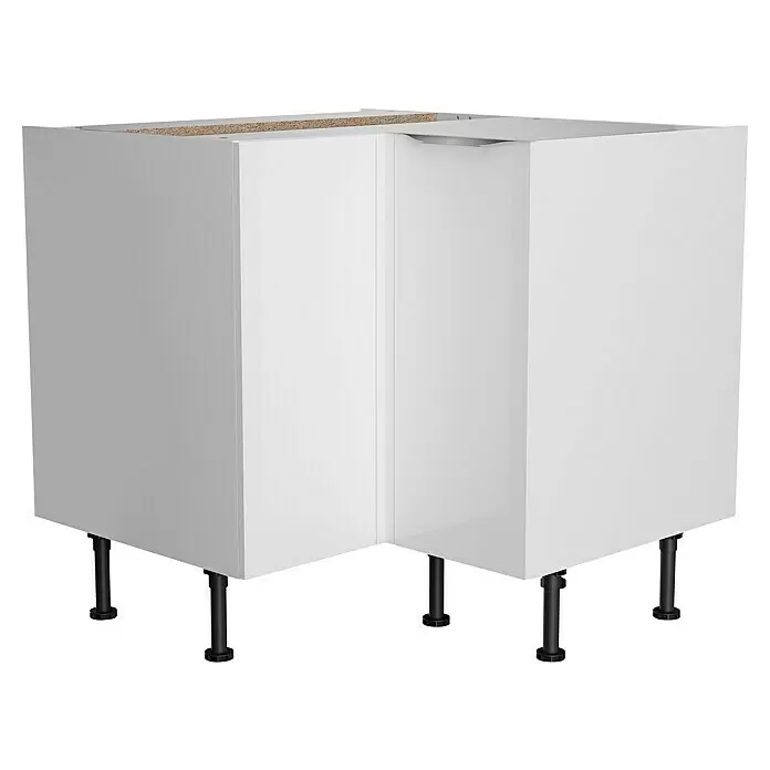 Optifit Küchen-Eck-Unterschrank Optikomfort Arvid 986 - L x B x H: 58,1 x 90 x 87 cm, Glanz Lack Weiß - Weißer L-förmiger Eckunterschrank für die Küche mit schwarzen verstellbaren Beinen und sichtbarer Spanplatten-Oberfläche.