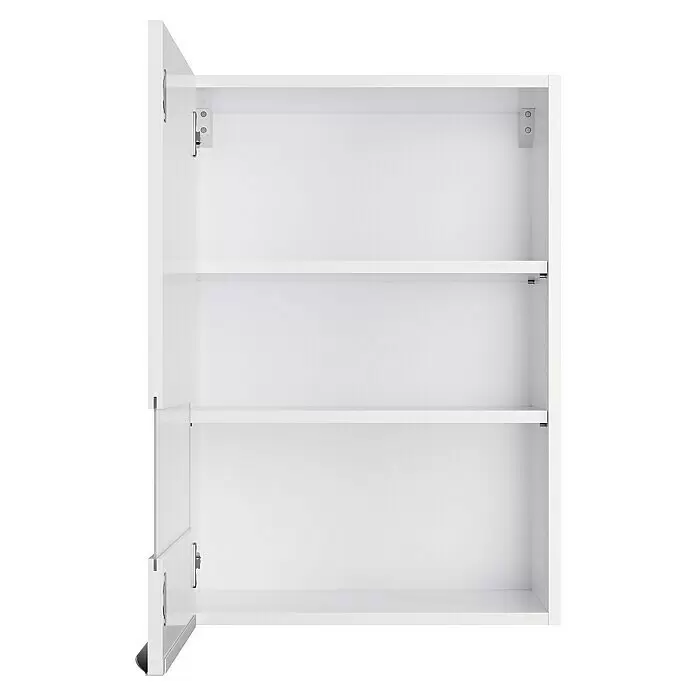 Optifit Hängeschrank Optikomfort Arvid 986 - 34,6 x 50 x 70,4 cm, Glanz Lack Weiß, Mit Glastürsegment - Offener weißer Wandschrank mit drei Einlegeböden und sichtbaren Scharnieren an der halb geöffneten Tür.