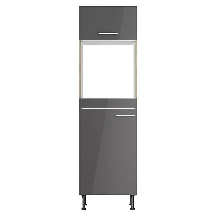 Optifit Hochschrank Jonte984 - L x B x H: 58,1 x 60 x 211,8 cm, Glanz Lack Anthrazit, Für Backofen und integrierbaren Kühlschrank - Dunkelgrauer Hochglanz-Küchenschrank mit Schublade, offenem Fach mit Holzoptik-Seiten und Unterschrank auf verstellbaren Füßen.