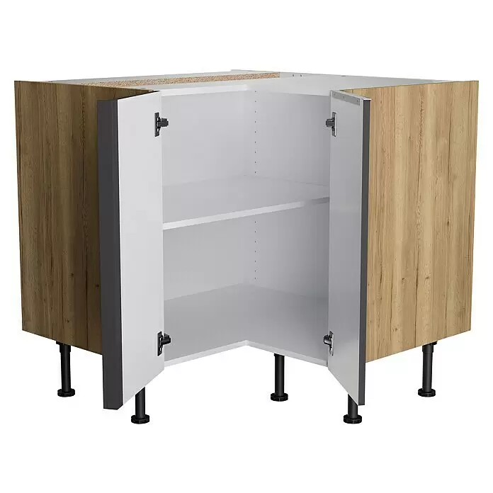 Optifit Eck-Unterschrank Optikomfort Linus984 - L x B x H: 58,1 x 90 x 87 cm, Glanz Lack Anthrazit - Offener Eckunterschrank: helle Holzmaserung außen, weißer Innenraum, dunkelgraue Akzente, verstellbare Böden, schwarze Füße.