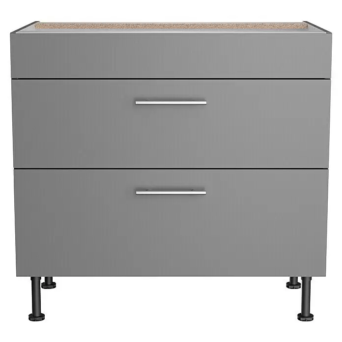 Optifit Unterschrank Optikomfort Mats825 - L x B x H: 58,1 x 90 x 87 cm, Basaltgrau, Platz für Kochfeld - Grauer Unterschrank mit zwei Schubladen, silbernen Griffen und verstellbaren Füßen.
