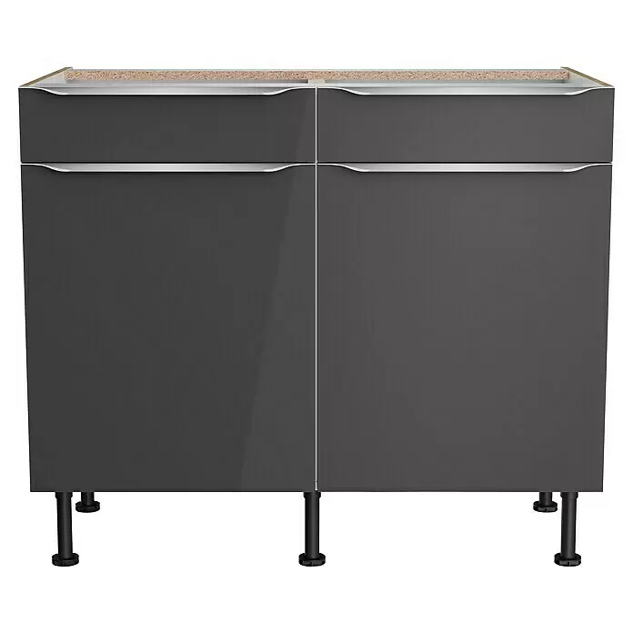 Optifit Unterschrank Optikomfort Linus984 - L x B x H: 58,1 x 100 x 87 cm, Glanz Lack Anthrazit - Dunkelgrauer Küchenunterschrank mit zwei Schubladen, zwei Türen und weißen integrierten Griffen.