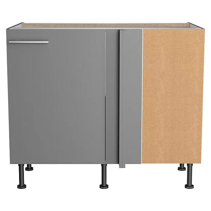 Optifit Eck-Unterschrank Optikomfort Mats825 - L x B x H: 58,4 x 100 x 87 cm, Basaltgrau - Grauer Küchenunterschrank mit zwei Türen, silbernem Griff und Spanplatten-Seitenwand, auf verstellbaren Füßen.