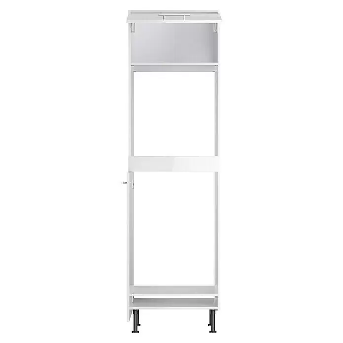 Optifit Geräteumbauschrank Optikomfort Rurik986 - L x B x H: 58,1 x 60 x 211,8 cm, Glanz Lack Weiß, Für Backofen und integrierbaren Kühlschrank - Weißer offener Schrankrahmen mit zwei oberen Schiebeplatten, Metallstangen und schwarzen Stellfüßen.