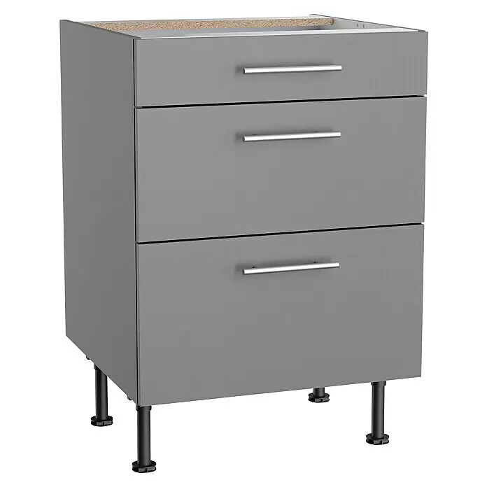 Optifit Küchen-Unterschrank Optikomfort Mats825 - L x B x H: 58,1 x 60 x 87 cm, Basaltgrau, Mit Schubkästen - Grauer Schubladenschrank mit drei Schubladen, silbernen Griffen und schwarzen verstellbaren Beinen, mit unbehandelter Holzoberfläche.