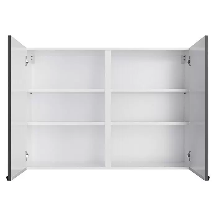 Optifit Hängeschrank Optikomfort Linus984 - L x B x H: 34,6 x 100 x 70,4 cm, Glanz Lack Anthrazit - Weißer Wandschrank mit zwei geöffneten Türen, der vier Fächer und zwei verstellbare Einlegeböden zeigt.