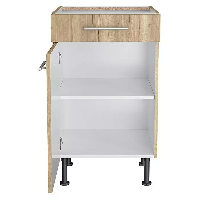 Optifit Unterschrank Erik290 - L x B x H: 58,1 x 50 x 87 cm, Nachbildung Wildeiche - Unterschrank in heller Holzoptik mit Schublade, offenem Fach mit zwei weißen Böden und verstellbaren schwarzen Füßen.