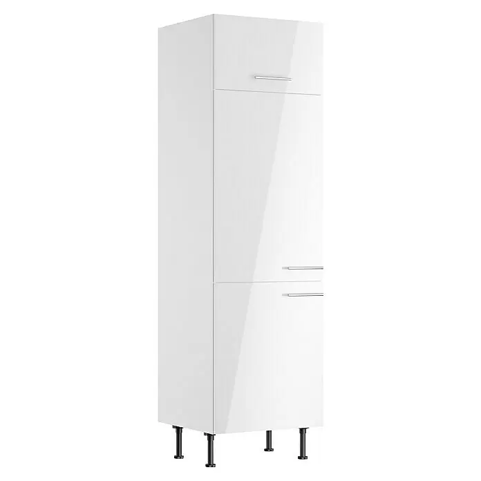 Optifit Geräteumbauschrank Optikomfort Rurik986 - L x B x H: 58,1 x 60 x 211,8 cm, Glanz Lack Weiß, Für integrierbaren Kühlschrank - Hoher weißer Hochglanz-Vorratschrank mit silbernen Griffen und schwarzen verstellbaren Füßen.