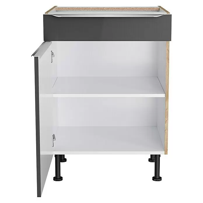 Optifit Unterschrank Optikomfort Linus984 - L x B x H: 58,1 x 60 x 87 cm, Glanz Lack Anthrazit - Offener Küchenunterschrank mit dunkelgrauer Schublade, weißen Einlegeböden, heller Holzoptik-Seitenwand und schwarzen Stellfüßen.