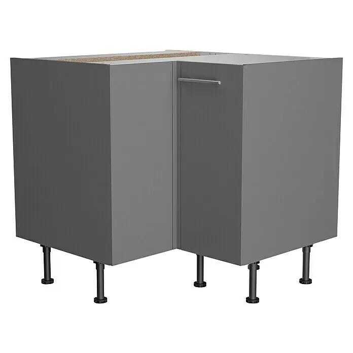 Optifit Eck-Unterschrank Optikomfort Mats825 - L x B x H: 58,1 x 90 x 87 cm, Basaltgrau - Grauer Eckunterschrank mit Metallfüßen und silbernem Griff.