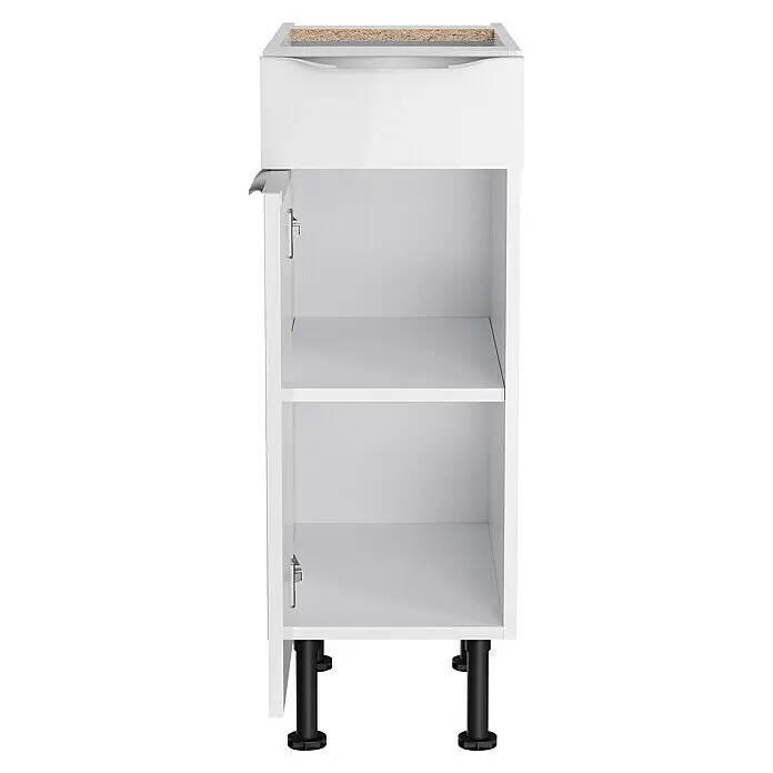 Optifit Küchen-Unterschrank Optikomfort Arvid 986 - 58,1 x 30 x 87 cm, Glanz Lack Weiß, Mit Schubkasten - Weißer Küchenunterschrank mit Schublade, offenem Fach, zwei Einlegeböden und schwarzen verstellbaren Füßen.