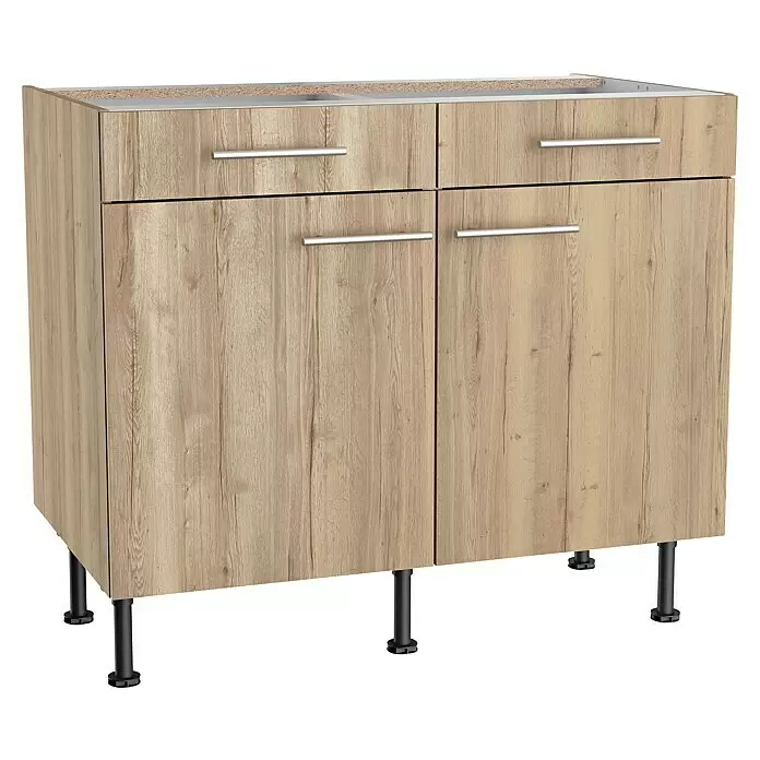 Optifit Unterschrank Erik290 - L x B x H: 58,1 x 100 x 87 cm, Nachbildung Wildeiche - Helles Küchenspülenunterschrank aus Holz mit silbernen Griffen und schwarzen Beinen.