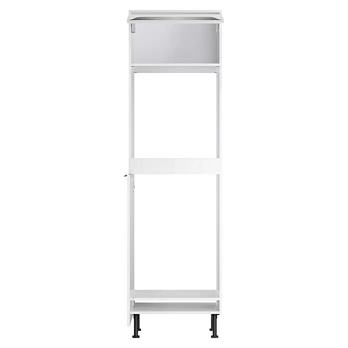 Optifit Demi-Geräteumbauschrank Optikomfort Arvid 986 - L x B x H: 58,1 x 60 x 211,8 cm, Glanz Lack Weiß, Für Backofen und integrierbaren Kühlschrank - Weißer modularer Hochschrankkorpus mit zwei offenen Fächern und verstellbaren schwarzen Füßen.