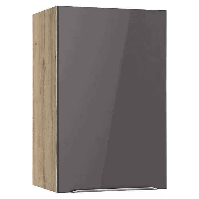Optifit Hängeschrank Optikomfort Linus984 - L x B x H: 34,6 x 45 x 70,4 cm, Glanz Lack Anthrazit - Wandschrank mit heller Holzseite und glänzend grauer Tür.
