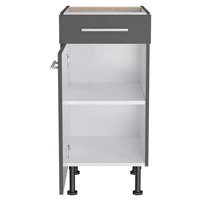 Optifit Unterschrank Ingvar420 - L x B x H: 58,1 x 40 x 87 cm, Anthrazit matt - Offener dunkelgrauer Küchenunterschrank mit Schublade, weißem Innenraum, unbehandelter Holzplatte, silbernem Griff und schwarzen Beinen.
