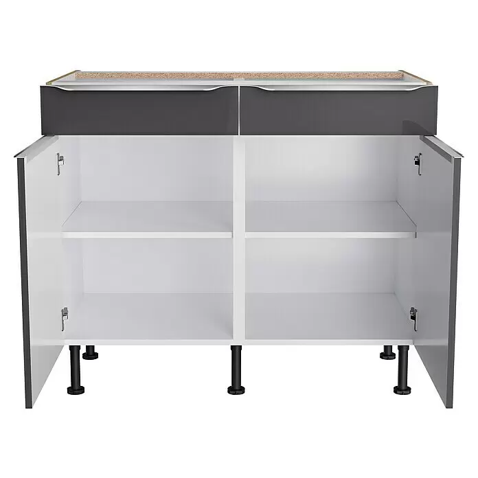 Optifit Unterschrank Optikomfort Linus984 - L x B x H: 58,1 x 100 x 87 cm, Glanz Lack Anthrazit - Offener Küchenunterschrank in Grau-Weiß mit zwei Schubladenblenden, zwei offenen Fächern mit Einlegeböden und vier schwarzen Stellfüßen.